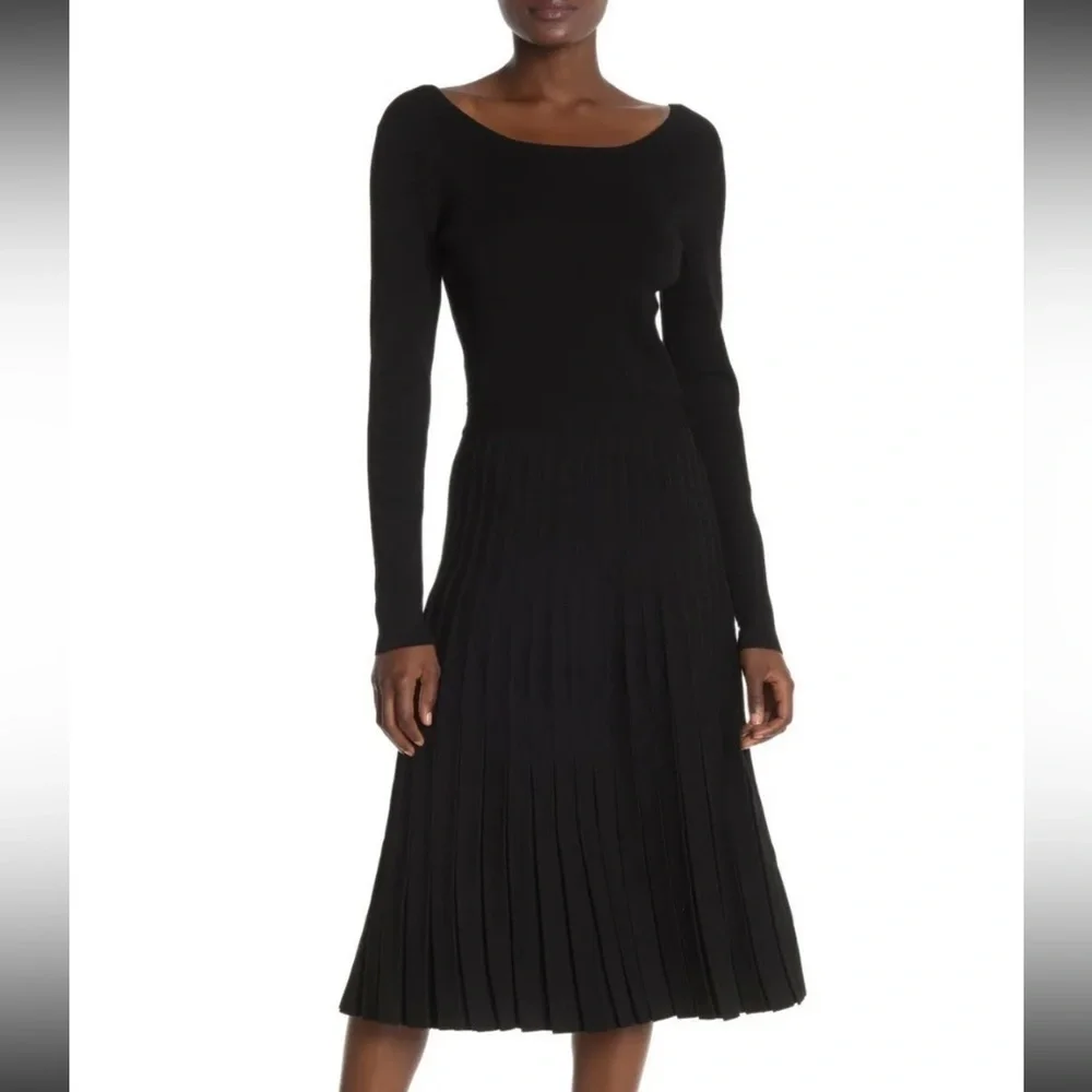 TORY BURCH Florence Dress Black Knit Softly Pleated Midi Bateau Neck